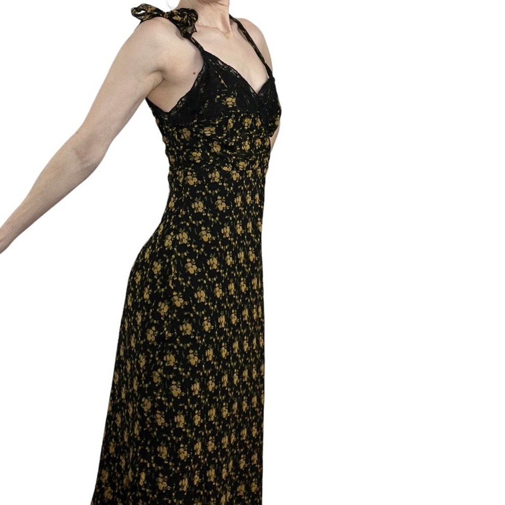 Betsey Johnson Black Maxi Dress with Gold Floral Print size 8